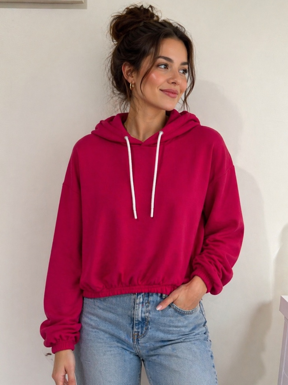 DayBreak Pink Cropped Hoodie Large Barbiecore Loungewear‎ Sporty Chic Streetwear
